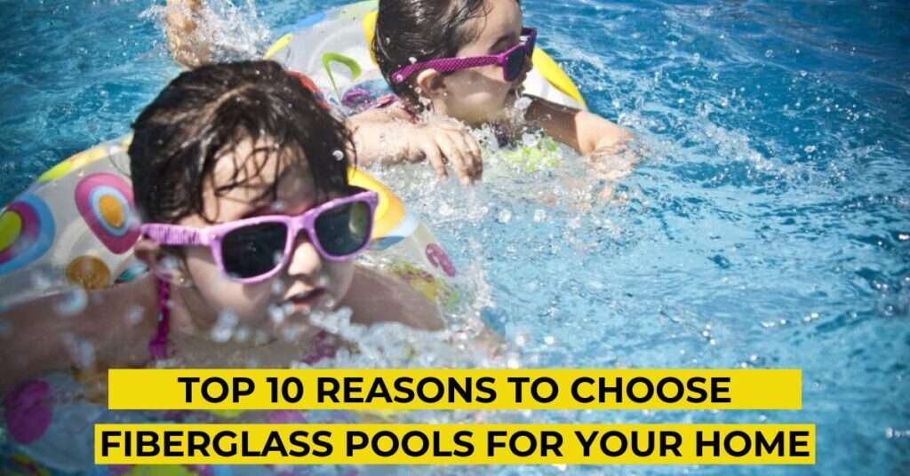 Swimming pool with two kids playing and splashing water.