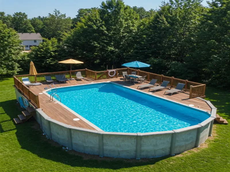 Above ground pool with built in Deck and railings