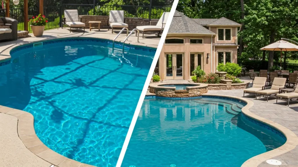 Fiberglass vs concrete pool side by side