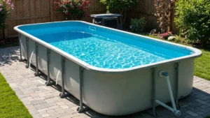 Affordable above ground fiberglass pool in a backyard