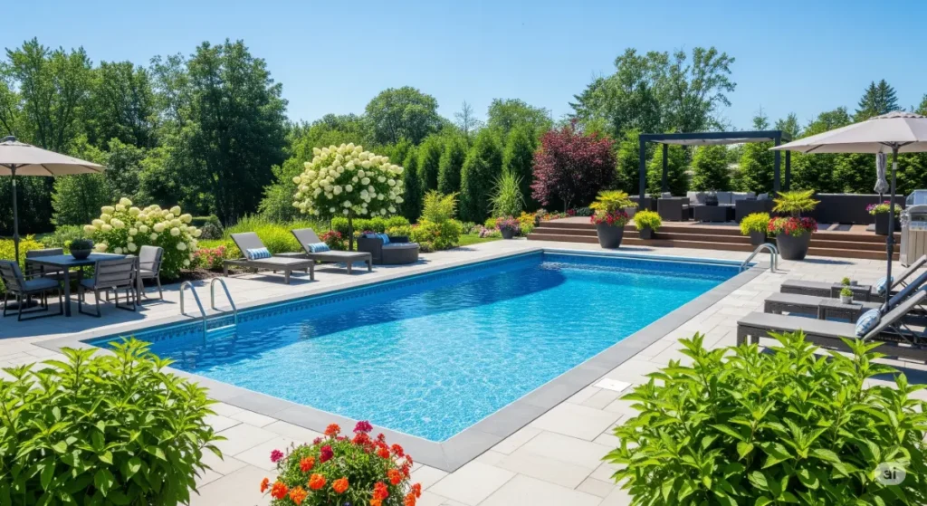 A high-quality, professional photograph showcasing a pristine, newly installed fiberglass inground pool, updated for 2025, without any visible human faces. The pool is the central focus, with clear, sparkling water and a meticulously landscaped surrounding area. Lush greenery, flowering shrubs, and a well-maintained deck or patio create a sense of luxury and relaxation. The image evokes a sense of tranquility and enjoyment while subtly hinting at the cost-effectiveness of the fiberglass material. The pool is surrounded by a patio with modern patio furniture, a variety of plants and flowers, and an inviting, refreshing atmosphere. The image is taken with a 50mm lens, under the bright sunlight of a sunny day, providing a sense of optimism and vitality, with a cinematic style and vibrant, high contrast colors, conveying a feeling of luxury and relaxation.