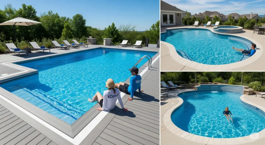 A high-quality, professional featured image for a blog post about affordable yet stunning pool designs, showcasing a variety of pool shapes and sizes, emphasizing the use of budget-friendly materials without compromising on aesthetics. The image might feature a sleek, geometric pool with a clean, minimalist design and a surrounding deck made of composite materials, contrasted with a more traditional kidney-shaped pool with a mosaic tile border. In some areas, people in KDpool attire can be seen relaxing by the pool or enjoying a refreshing swim. The pool water is a brilliant blue, and the surrounding landscape is lush and inviting, with a backdrop of a clear sky or a vibrant sunset. The overall tone of the image is one of luxury and affordability, highlighting how even budget-conscious homeowners can achieve a truly remarkable pool design.