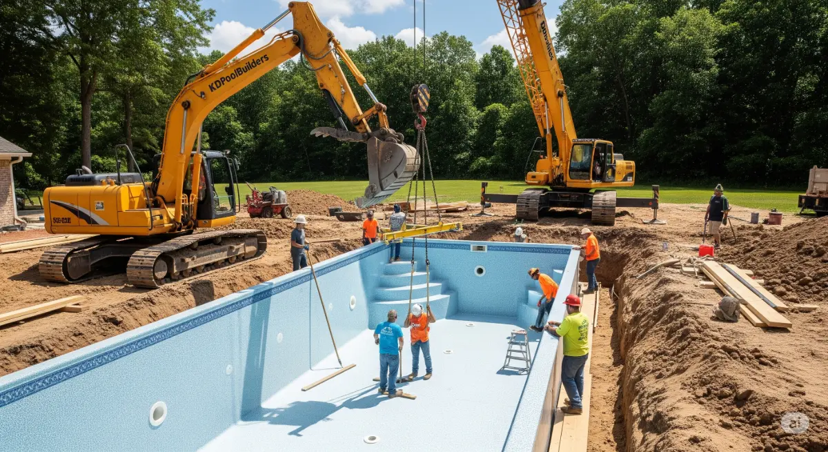 A realistic depiction of the KDpoolbuilders team meticulously constructing a fiberglass inground pool, emphasizing the intricate process without revealing any individual team member's faces. The scene showcases the various stages of pool installation, including excavating the site, preparing the foundation, and carefully lowering the pre-molded fiberglass pool shell into the prepared space. The image highlights the specialized tools and equipment used by pool builders, such as excavators, cranes, and leveling tools, without revealing any of the team's faces. Workers are seen working in a coordinated manner in various parts of the project, but with their heads covered by hats or helmets and their faces carefully obscured, ensuring focus on the construction process rather than the individuals involved. The image is captured in natural daylight, with a wide-angle shot depicting the overall construction site, capturing the scale and complexity of the project, while maintaining a realistic and professional aesthetic in high quality for a visual presentation.