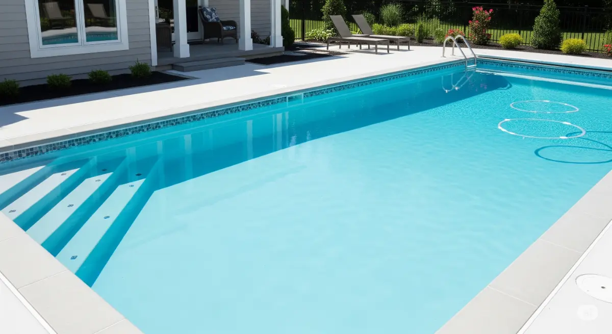 Fiberglass pool lifespan. Shows a well-maintained fiberglass pool, emphasizing durability.