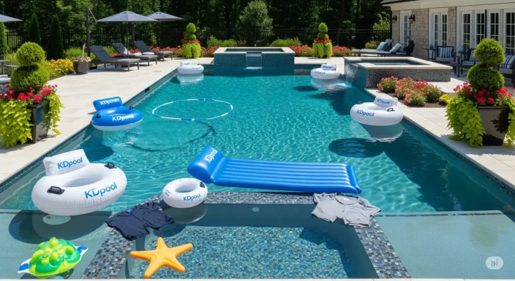 A featured image for a blog post exploring the cost of a new swimming pool, with no visible faces, showcasing KDpool attire in some areas. The photograph features a stunning, high-definition image of a large, sparkling pool in a luxurious backyard setting. A variety of KDpool-branded floats and pool toys are strategically placed in the pool and on the surrounding deck. The pool is designed with sleek, modern lines and features a beautiful mosaic tile surface. The surrounding landscape is immaculately maintained, with lush green plants and blooming flowers. The image conveys a sense of tranquility and luxury, perfect for a blog post about the cost of a new swimming pool. The camera angle is slightly elevated, providing a wide view of the entire pool area and surroundings, without showing any faces. The composition emphasizes the pool's aesthetic appeal and functionality, without distracting elements, creating an image that is both inviting and informative, perfect for promoting a post on pool construction.