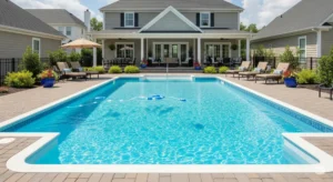 Fiberglass pool investment. Shows a luxurious fiberglass pool.