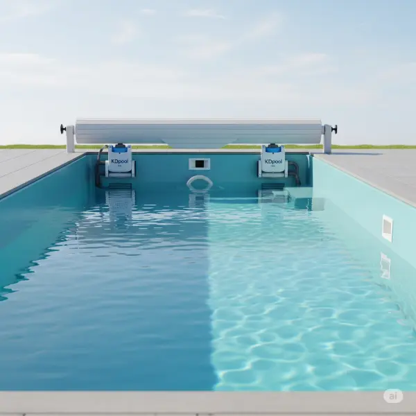 Fiberglass pool with KDpool branding on equipment.