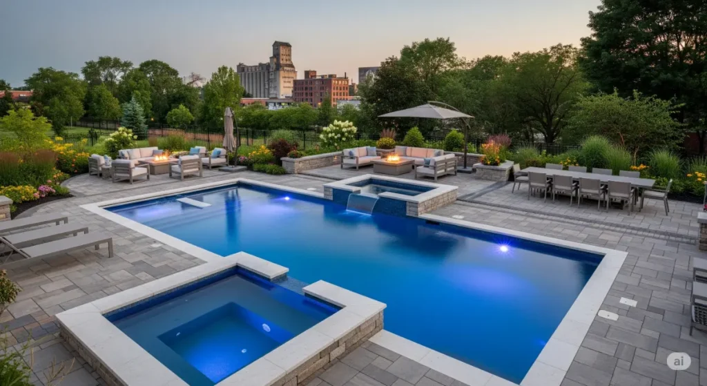 Custom swimming pool changing outdoor living in Buffalo. Shows a luxurious inground pool with integrated outdoor living space.