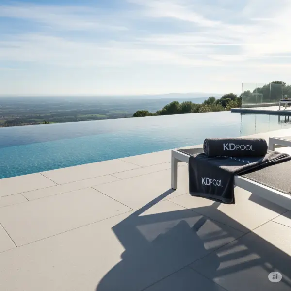 Infinity edge pool with modern design, overlooking a scenic view, with KDpool branded towels.