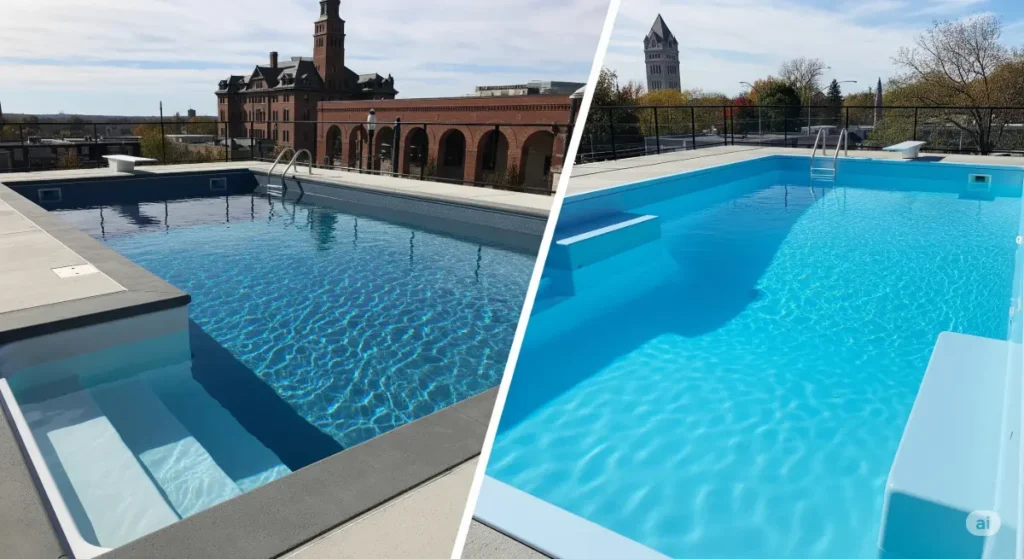 Inground pool options. Shows a split image comparing a concrete pool and a fiberglass pool in Buffalo, NY.