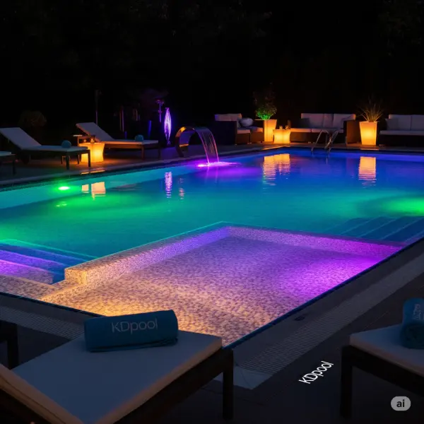 LED pool lighting. Shows a swimming pool at night with colorful lights and KDpool branded towels.