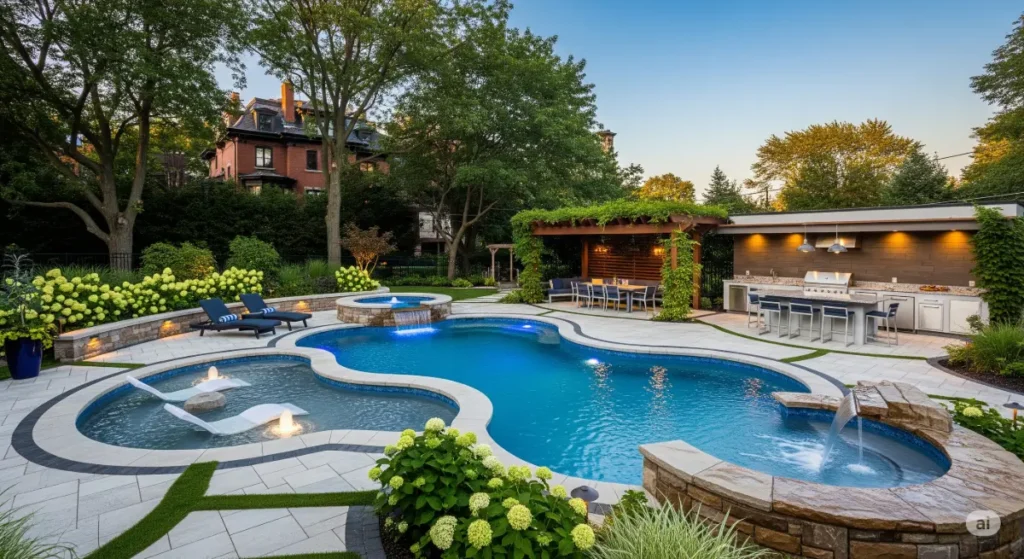 Luxury pool design ideas for a Buffalo backyard. Shows a custom-designed inground pool and outdoor living space.