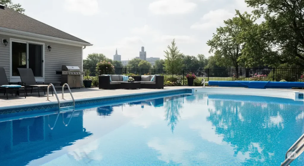 Inground pool investment. Shows a luxurious inground pool in a backyard.