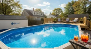 Above-ground pool in a backyard. Shows a beautifully maintained above-ground pool with a wooden deck and the "KDpool" logo, set in a Buffalo, NY backyard.