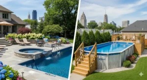 Inground and above-ground pools. Shows a side-by-side comparison of a luxurious inground pool and a well-maintained above-ground pool with the Buffalo skyline in the background, with the "KDpool" logo.