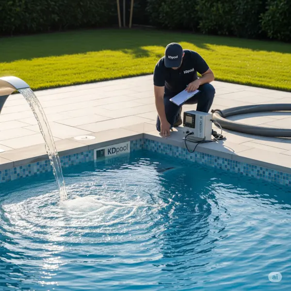 Final inspection and fill-up of a pool. Shows a KDpool technician checking equipment while the pool fills.