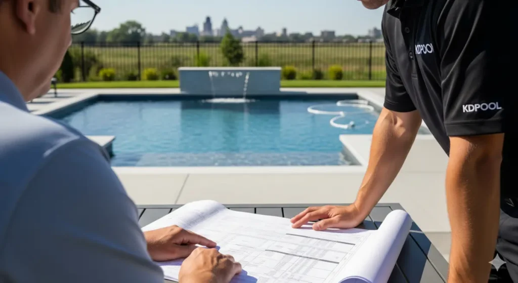 Pool build estimate in Buffalo. Shows a KDpool representative and a homeowner reviewing a quote for a new pool, with the Buffalo skyline in the background.