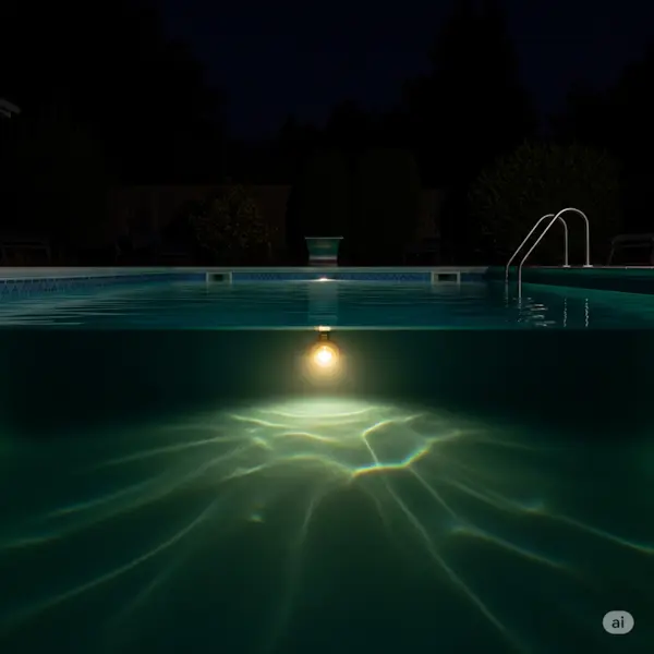 Inadequate pool lighting. Shows a pool at night with a single, old-fashioned yellow bulb, leaving most of the pool in shadow.