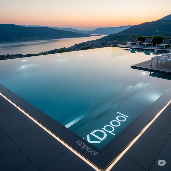 Modern infinity edge pool. Shows a modern infinity edge pool at sunset with a "KDpool" logo.