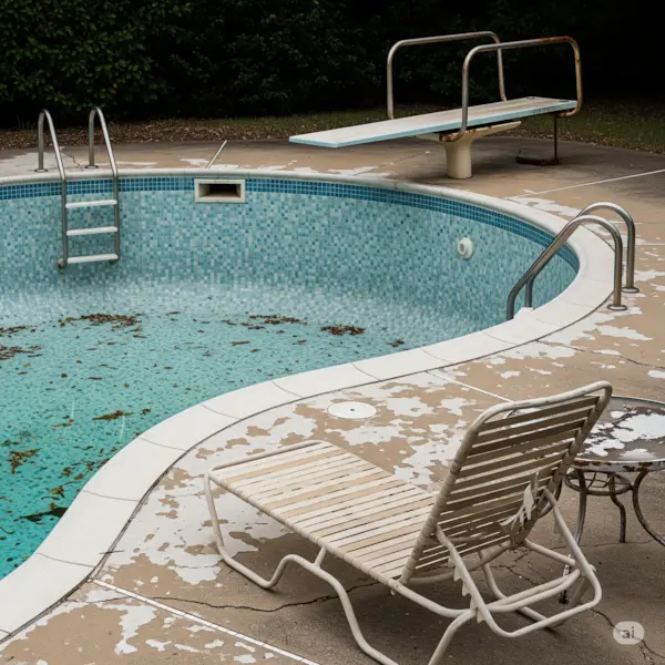 Outdated pool design. Shows a kidney-shaped pool with discolored tiles and a peeling concrete deck.