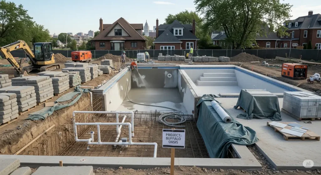 Pool construction in Buffalo, NY, showing an excavated site, rebar, plumbing, and concrete application.