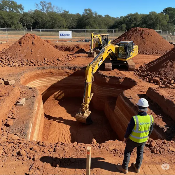 Pool excavation site with an excavator and a KDpool worker.