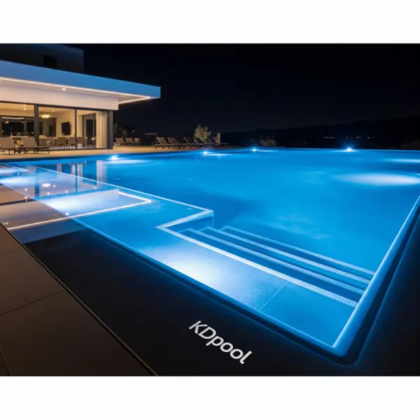 Modern pool lighting. Shows a pool at night with integrated LED lights along the waterline.