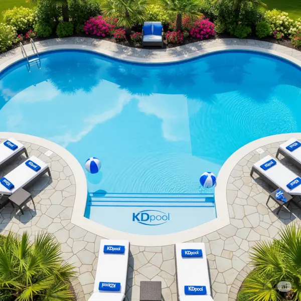 Vinyl liner pool with a custom shape, KDpool branding, and lounge chairs.