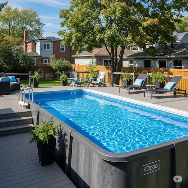 Above-ground pool in Buffalo, NY. Shows a modern above-ground pool with a deck and the "KDpool" logo in a backyard.