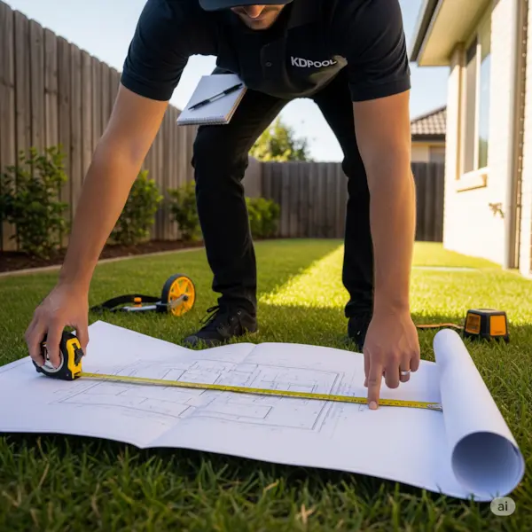 Pool design and site evaluation. Shows a KDpool professional measuring a blueprint on a lawn.